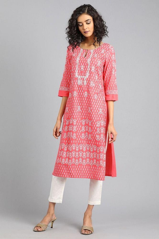 Pink Round Neck Printed kurta - wforwoman