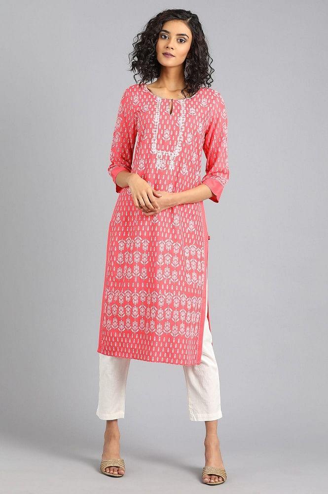 Pink Round Neck Printed kurta - wforwoman