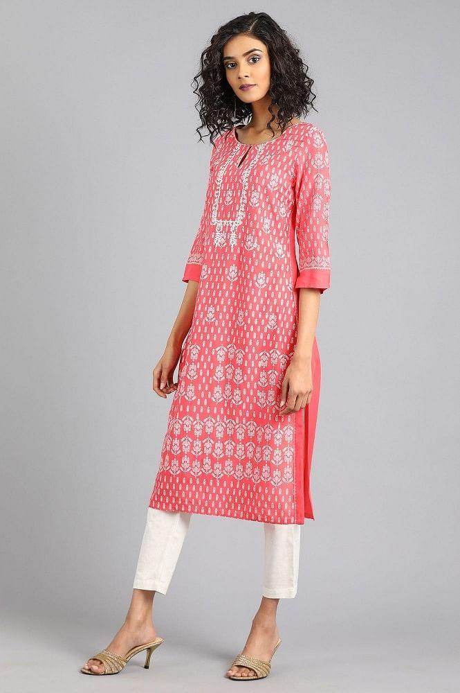 Pink Round Neck Printed kurta - wforwoman