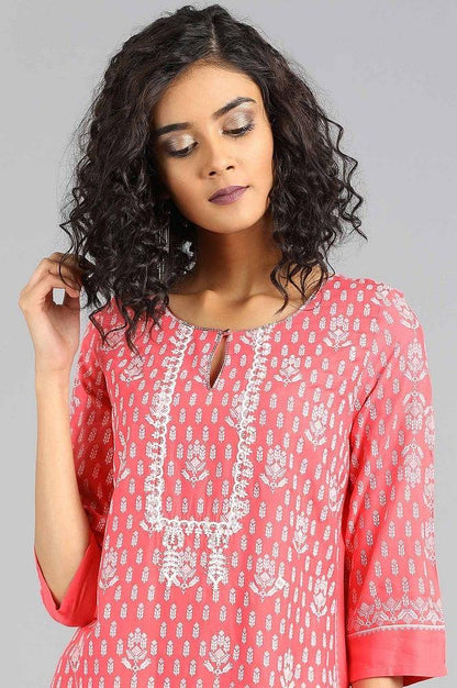 Pink Round Neck Printed kurta - wforwoman