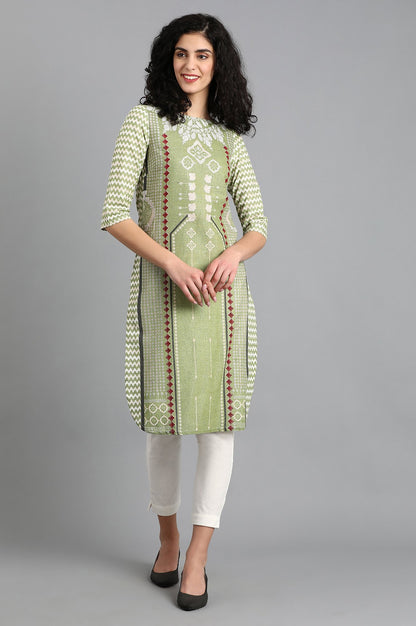 Green Boat Neck Printed kurta