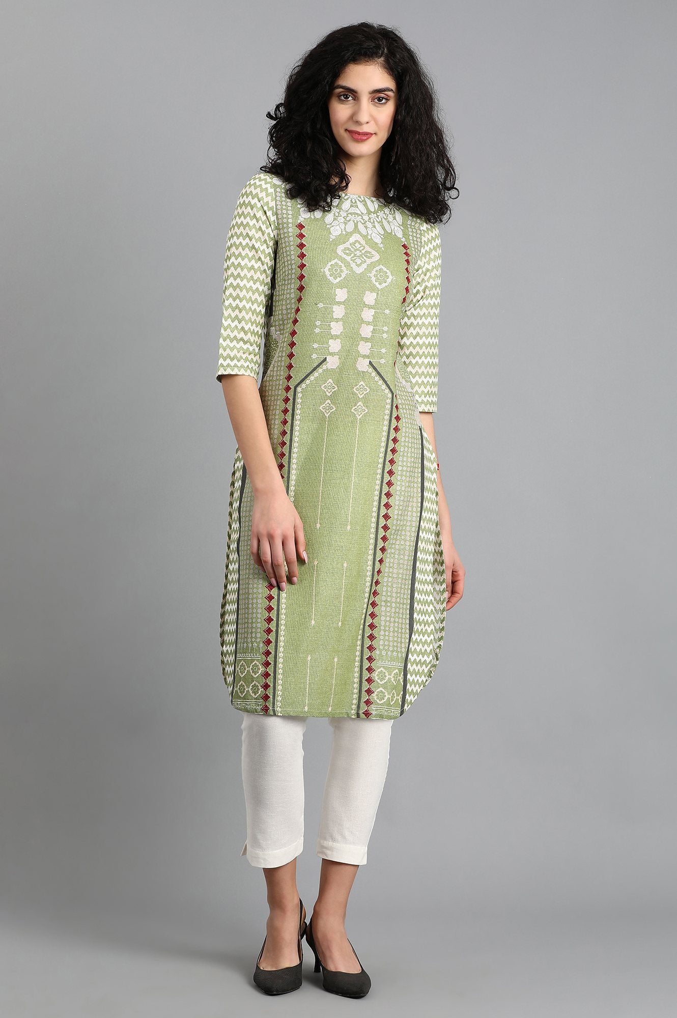 Green Boat Neck Printed kurta