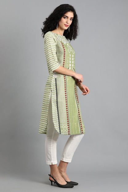 Green Boat Neck Printed kurta