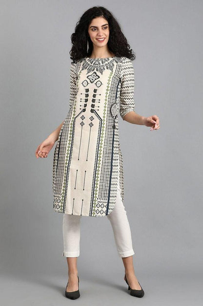 Off-White Round Neck Printed kurta - wforwoman