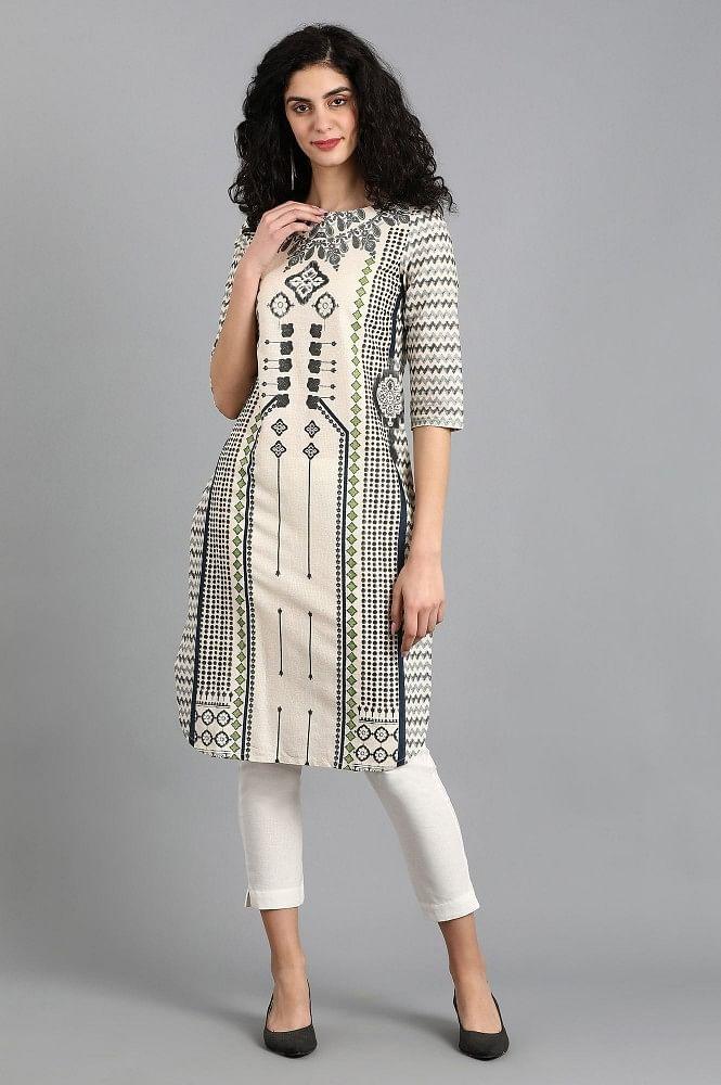 Off-White Round Neck Printed kurta - wforwoman