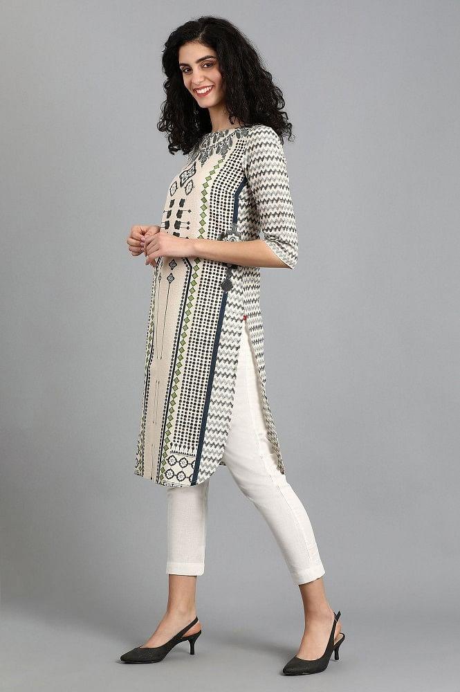 Off-White Round Neck Printed kurta - wforwoman