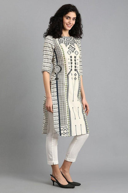 Off-White Round Neck Printed kurta - wforwoman