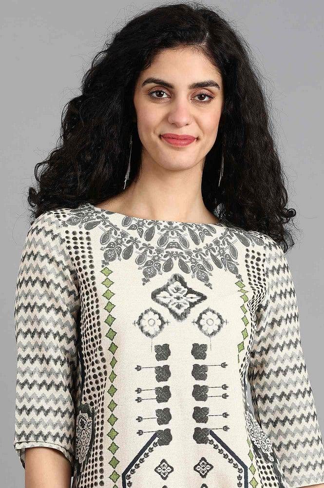 Off-White Round Neck Printed kurta - wforwoman