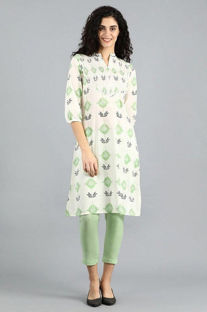 White &amp; Green Mandarin Neck Printed kurta - wforwoman