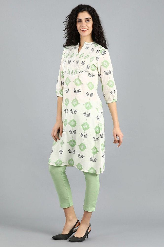 White &amp; Green Mandarin Neck Printed kurta - wforwoman