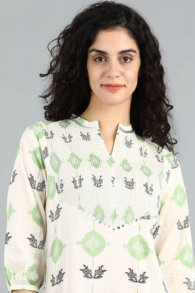 White &amp; Green Mandarin Neck Printed kurta - wforwoman