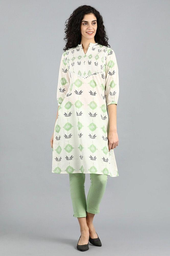 White &amp; Green Mandarin Neck Printed kurta - wforwoman