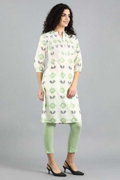 White &amp; Green Mandarin Neck Printed kurta - wforwoman