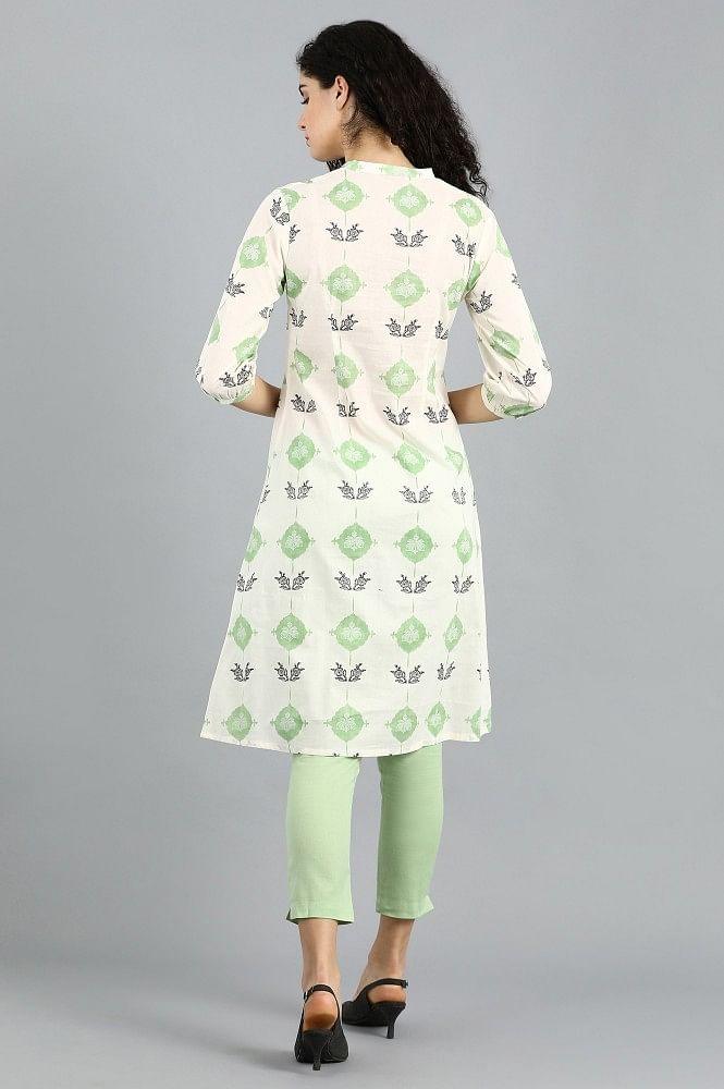 White &amp; Green Mandarin Neck Printed kurta - wforwoman