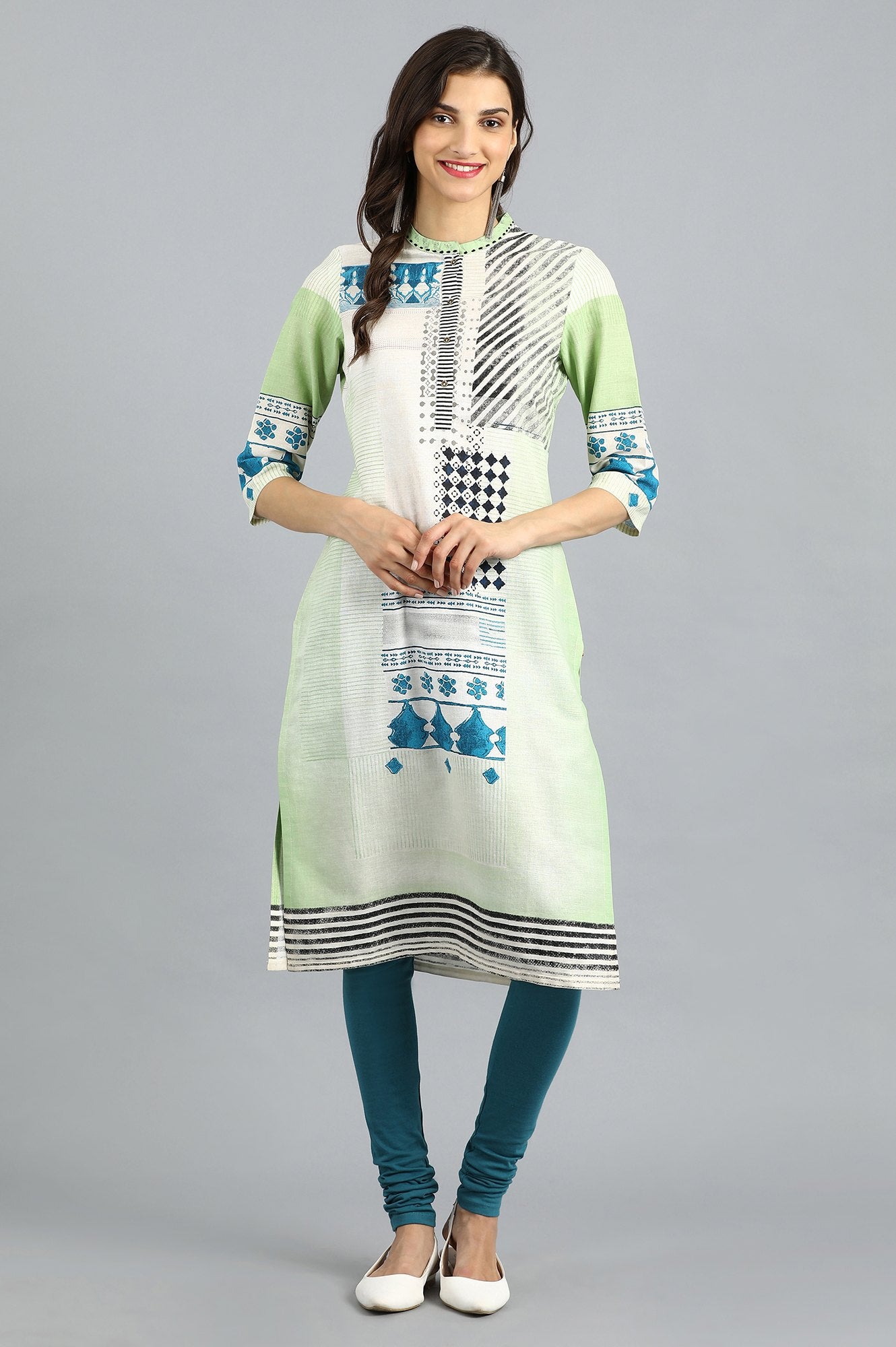 Green Mandarin Neck Printed kurta