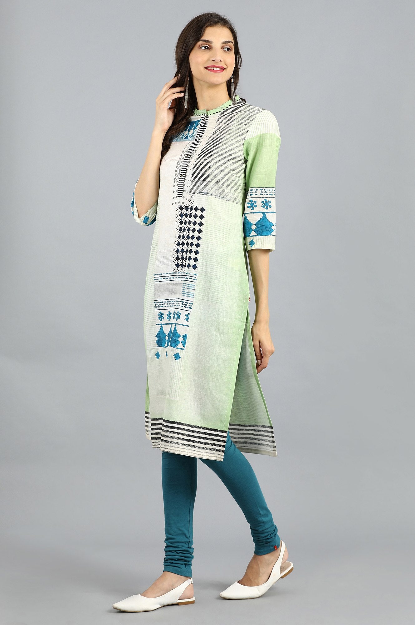 Green Mandarin Neck Printed kurta