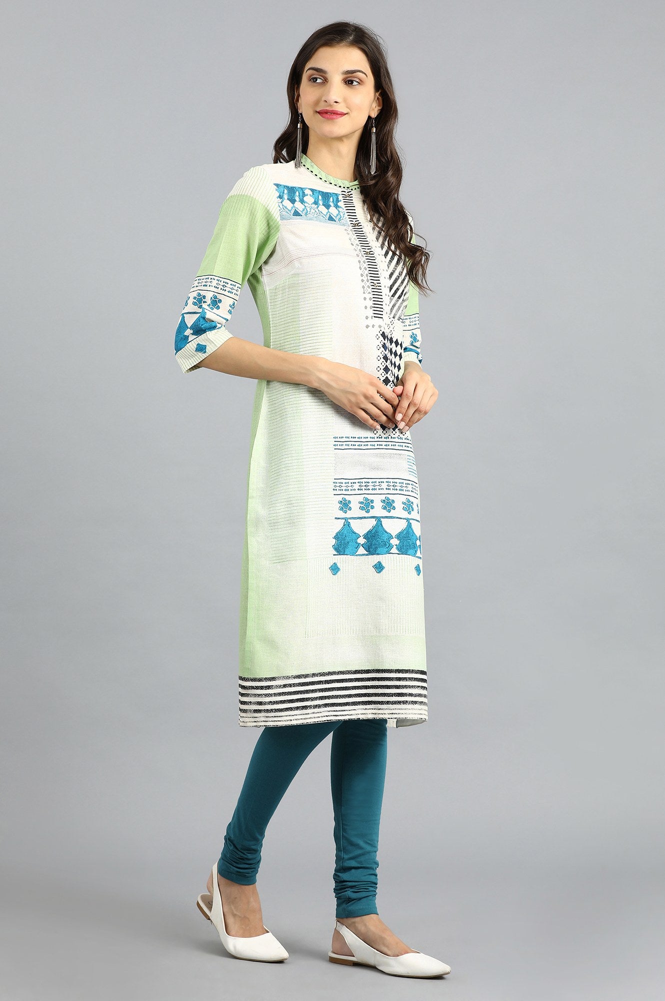 Green Mandarin Neck Printed kurta