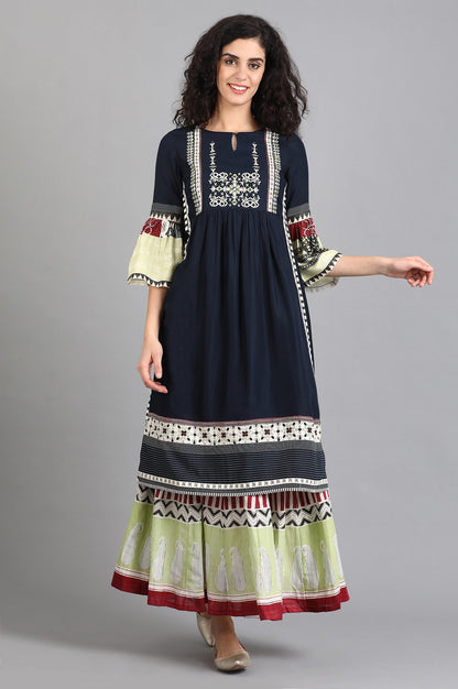 Blue Round Neck Fit &amp; Flare Sleeves kurta