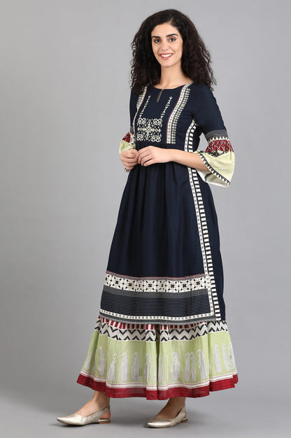 Blue Round Neck Fit &amp; Flare Sleeves kurta