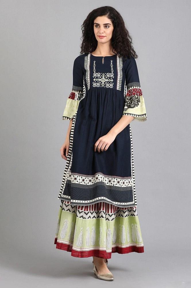 Blue Round Neck Fit &amp; Flare Sleeves kurta - wforwoman