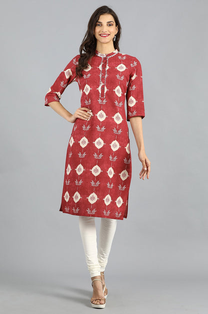 Red Mandarin Neck Printed kurta