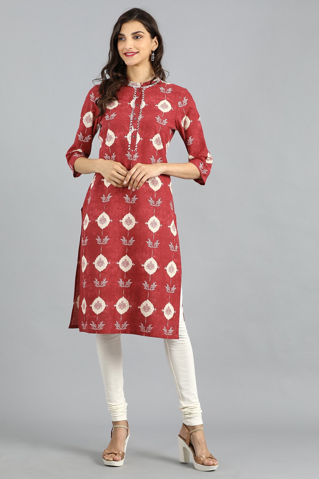 Red Mandarin Neck Printed kurta