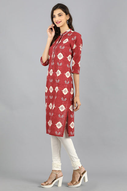 Red Mandarin Neck Printed kurta