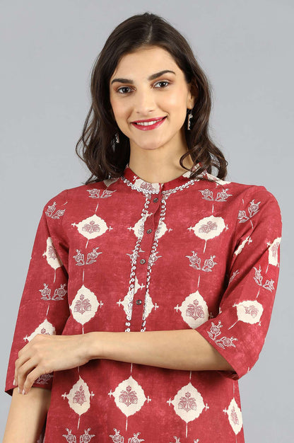 Red Mandarin Neck Printed kurta