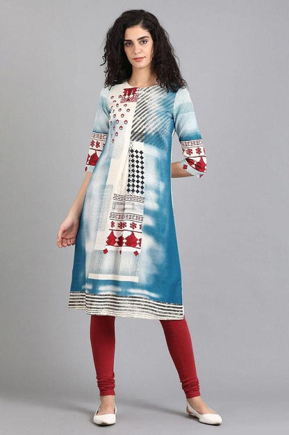 White &amp; Blue Printed kurta - wforwoman