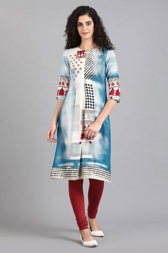 White &amp; Blue Printed kurta - wforwoman