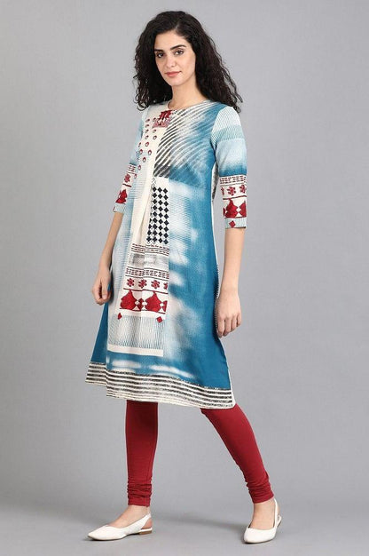 White &amp; Blue Printed kurta - wforwoman