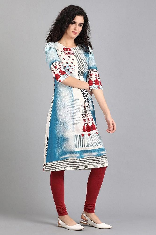 White &amp; Blue Printed kurta - wforwoman