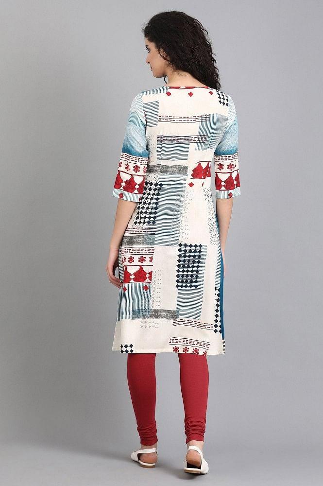 White &amp; Blue Printed kurta - wforwoman