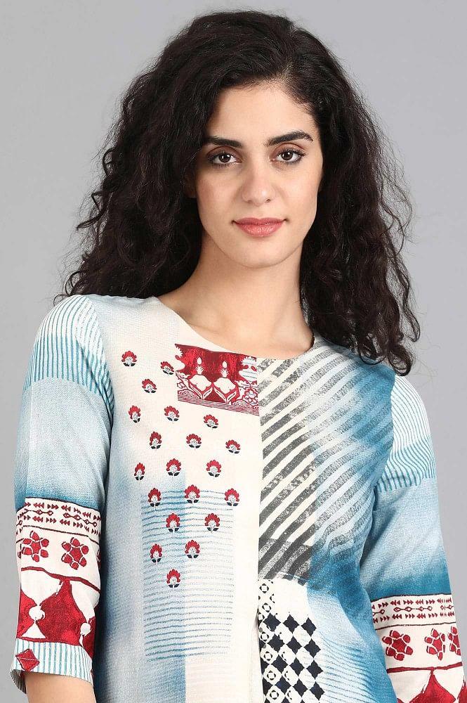 White &amp; Blue Printed kurta - wforwoman