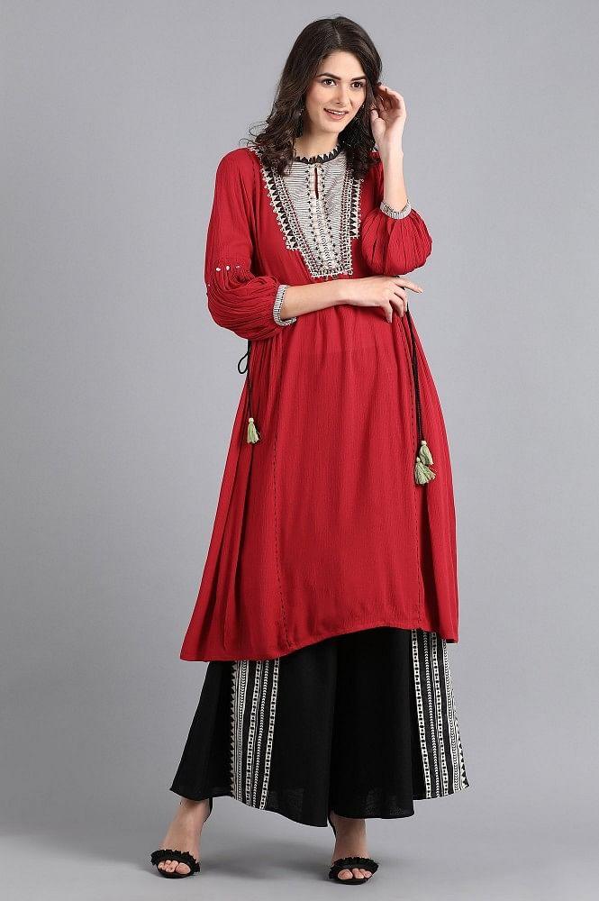 Red Mandarin Neck Tie-Up kurta - wforwoman