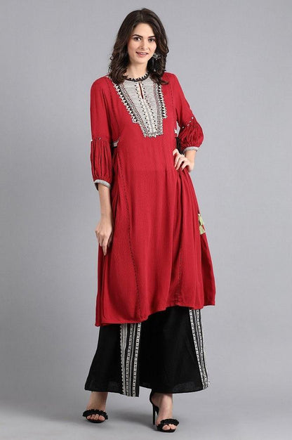 Red Mandarin Neck Tie-Up kurta - wforwoman