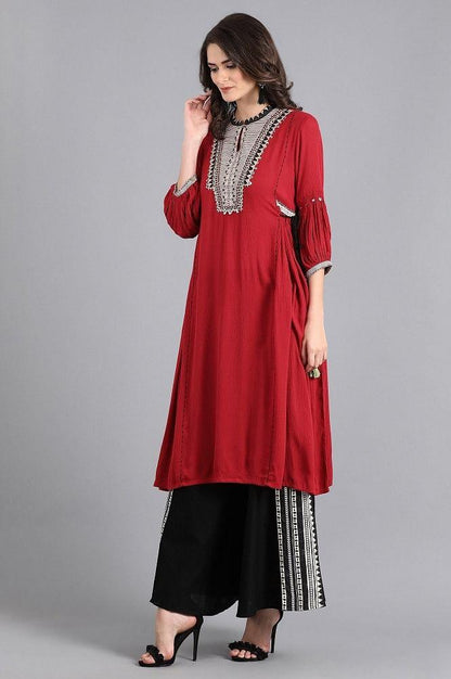 Red Mandarin Neck Tie-Up kurta - wforwoman