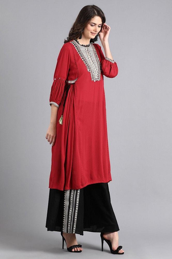 Red Mandarin Neck Tie-Up kurta - wforwoman