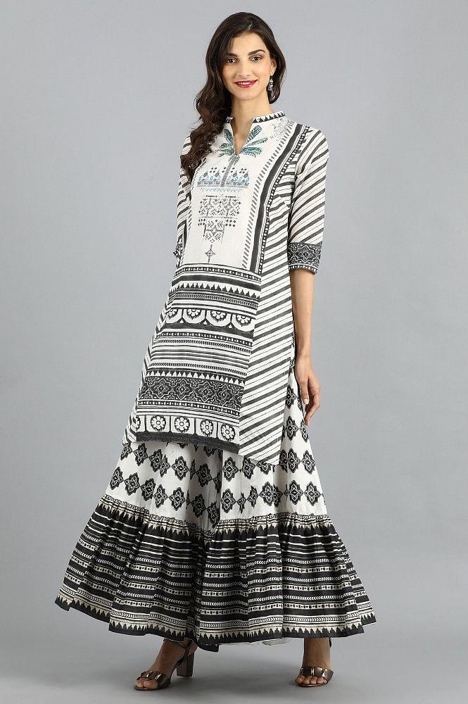 White Mandarin Neck Printed kurta - wforwoman