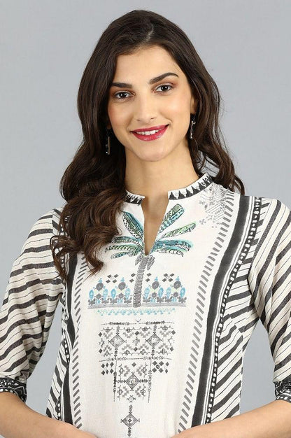 White Mandarin Neck Printed kurta - wforwoman