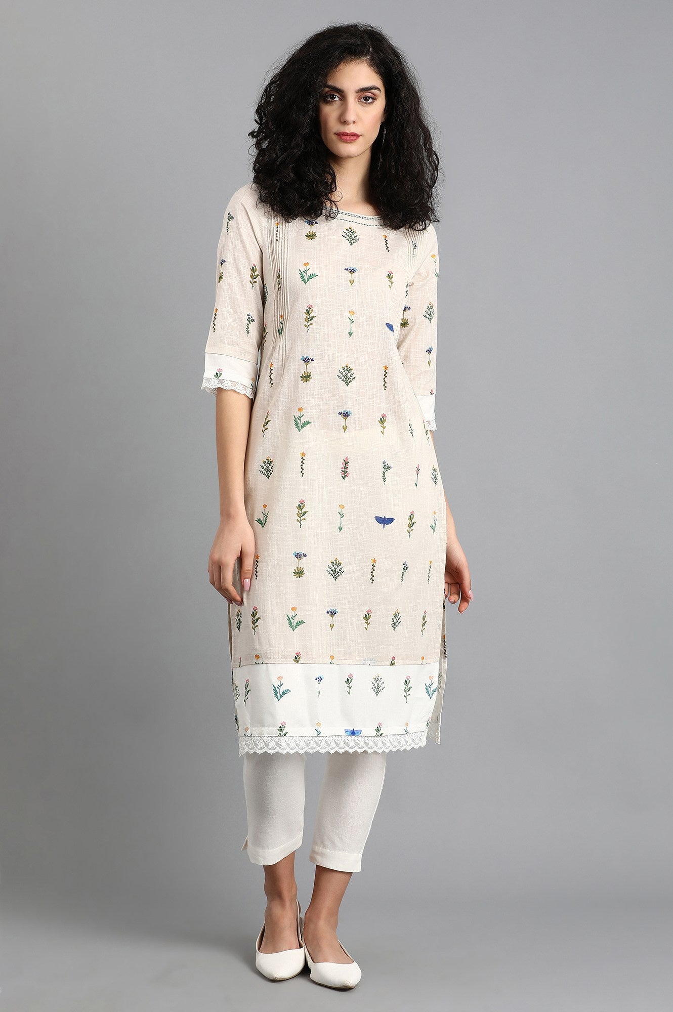 Grey Round Neck Printed kurta