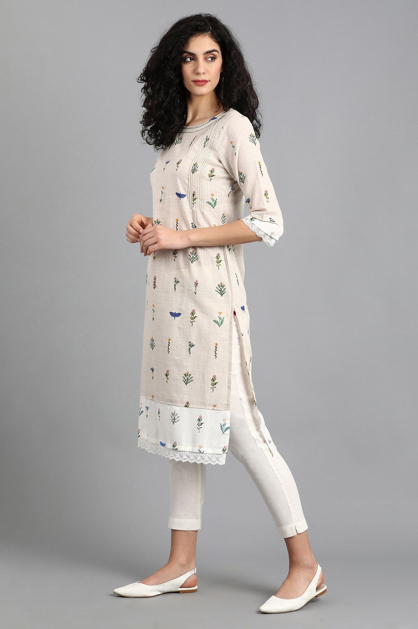 Grey Round Neck Printed kurta