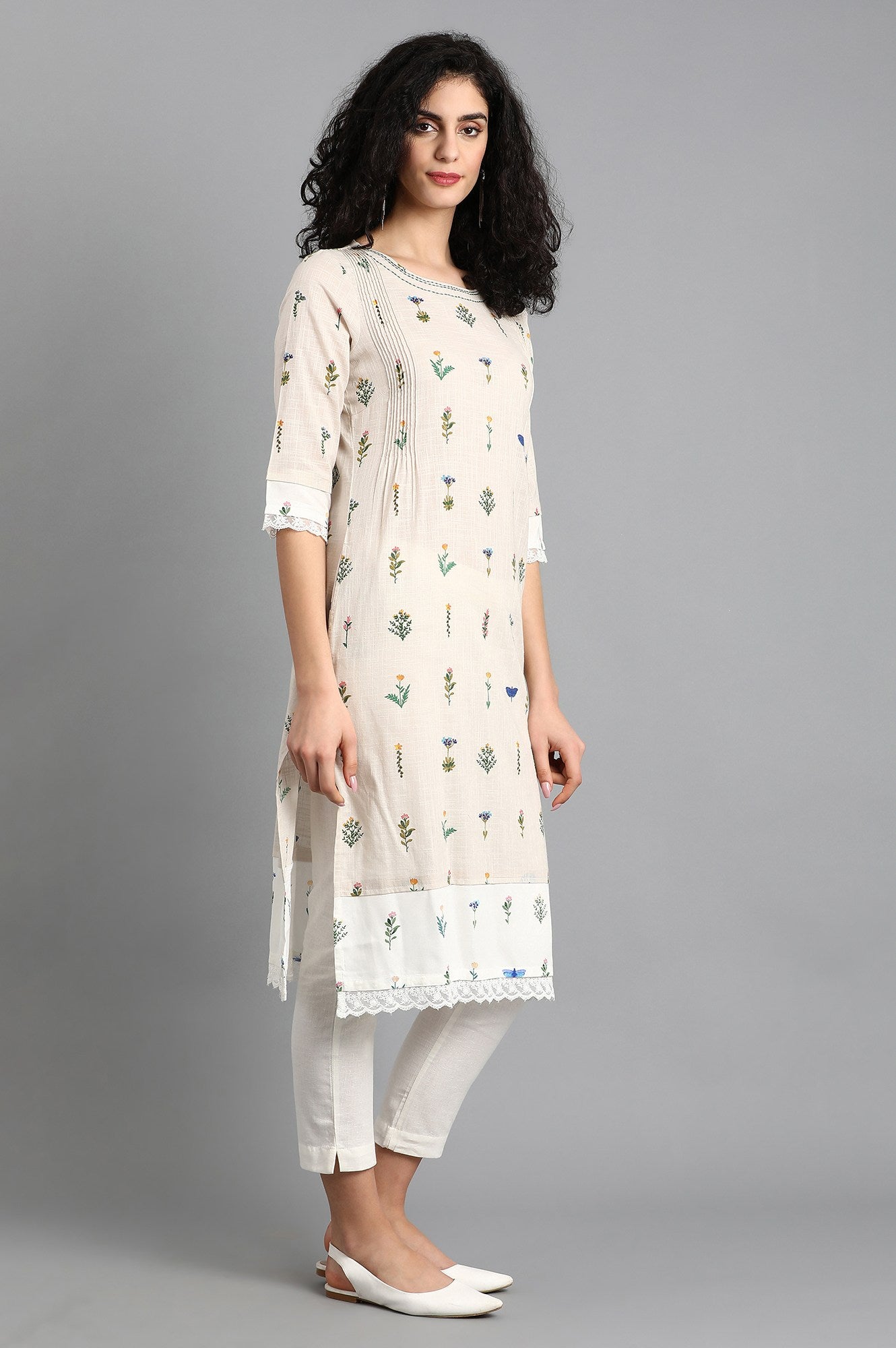 Grey Round Neck Printed kurta