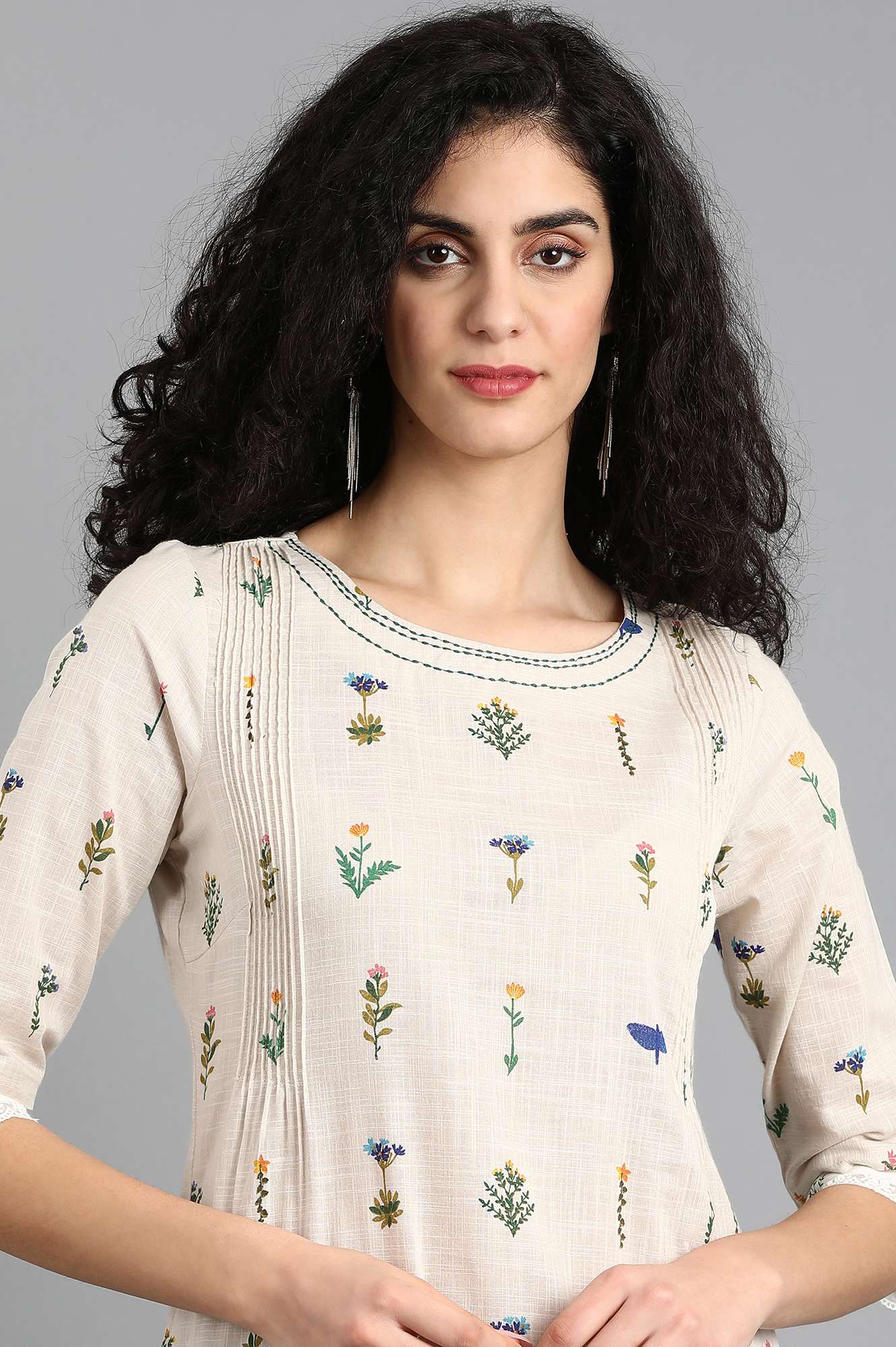 Grey Round Neck Printed kurta