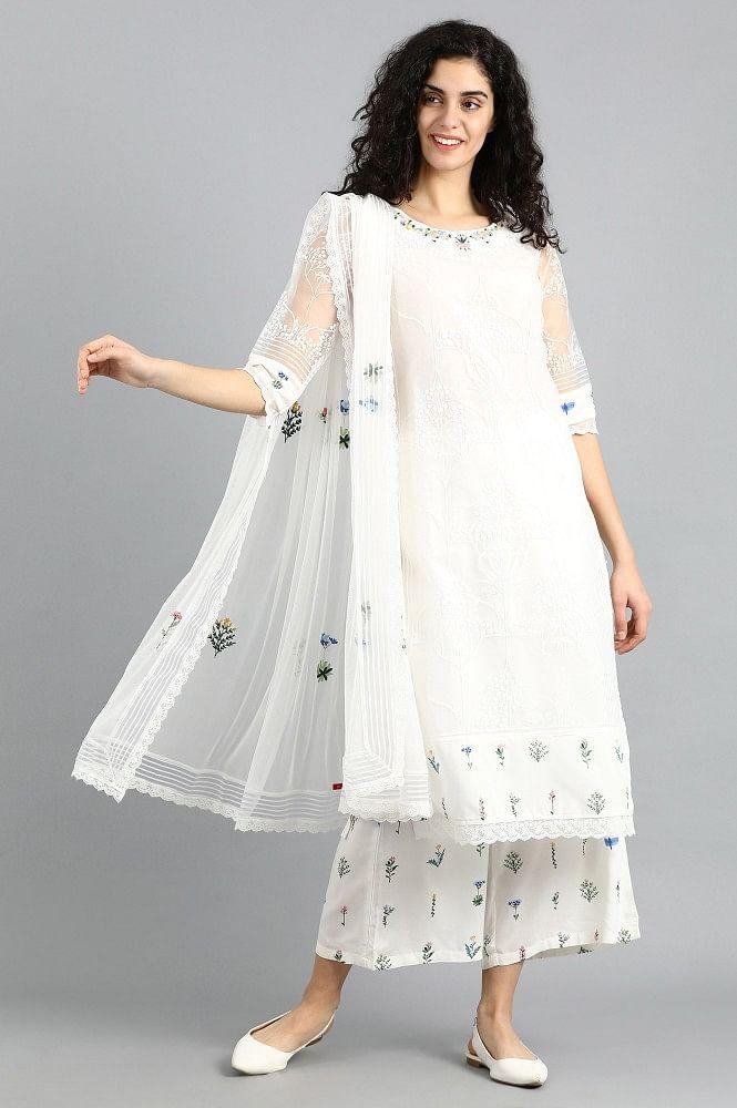 White Round Neck Printed kurta - wforwoman