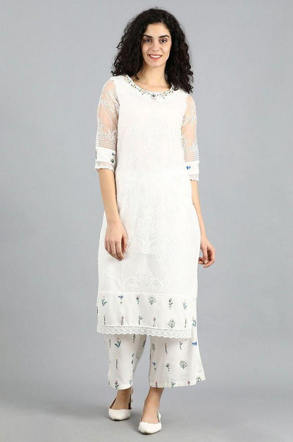 White Round Neck Printed kurta - wforwoman