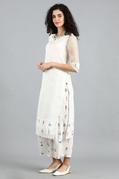 White Round Neck Printed kurta - wforwoman