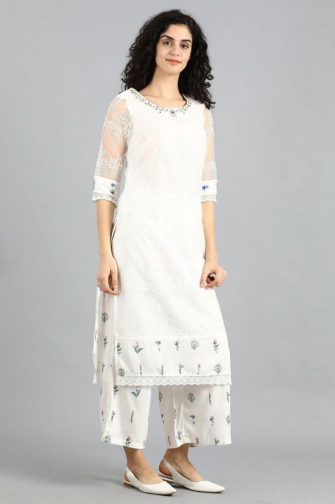 White Round Neck Printed kurta - wforwoman