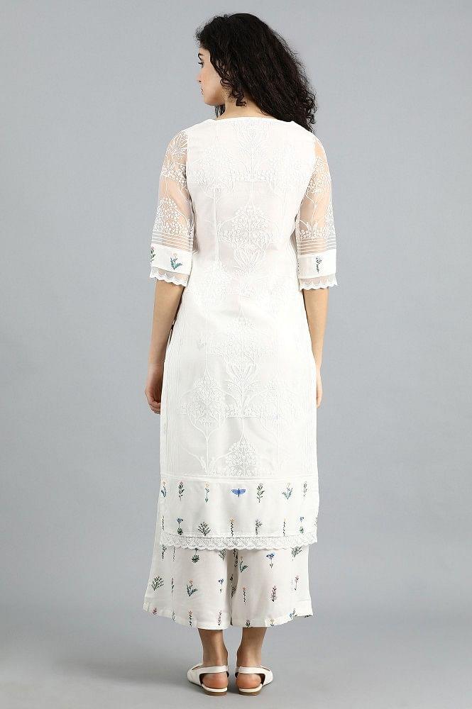 White Round Neck Printed kurta - wforwoman