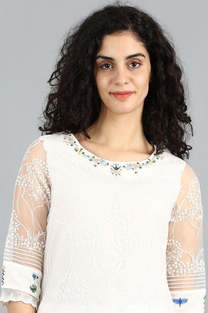 White Round Neck Printed kurta - wforwoman